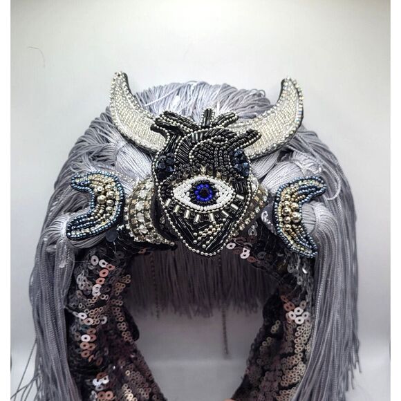 Moon Goddess Dark Heart Festival Headpiece Silver and Black by Brebitz Haloween - Picture 4 of 12